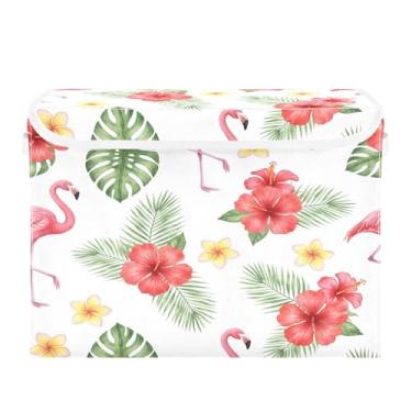 Imagem de Burbuja Caixa de armazenamento de flamingo de flores tropicais com tampa e alças, grande caixa de armazenamento dobrável para prateleiras armário quarto escritório organizador