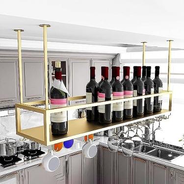 Imagem de Rack de vinho suspenso com suporte de vidro e prateleira, rack de vidro de teto de metal ajustável, suporte de garrafa de vinho pendurado industrial, para bar café cozinha (cor: ouro, tamanho: 120 x