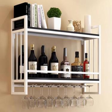 Imagem de Rack de vinho montado na parede, prateleira flutuante de 2 camadas com suporte de vidro, exibição de garrafa de licor de metal elegante, organizador de bar doméstico multifuncional (branco-preto, 60