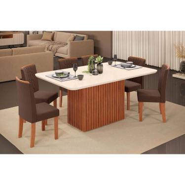Imagem de Conjunto: Mesa Sala Jantar Canes c/ Tampo Madeirado c/ Vidro Curvo 170x90cm e 6 Cadeiras Zoe Freijo/Off White - Suede Moca - DJ Móveis