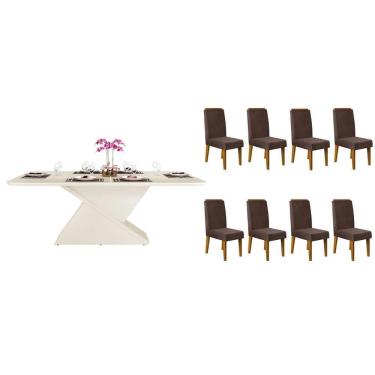 Imagem de Conjunto: Mesa Sala Jantar Zafira c/ Tampo Madeirado c/ Vidro Curvo 200x100cm e 8 Cadeiras Lia Off White - Freijo/Suede Moca - DJ Móveis