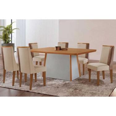 Imagem de Conjunto Sala de Jantar Tilia c/ Tampo Madeirado Canto Curvo 180x90cm e 6 Cadeiras Tilia Madeira Maciça Naturale/Off White - Capuccino/Suede Creme-Ruf