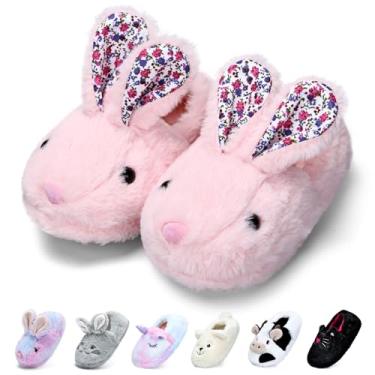 Imagem de WateLves Pantufas infantis unissex para quarto de meninos e meninas confortáveis para o inverno (bebês/crianças pequenas/crianças grandes), Coelhinho rosa, 12-13 Little Kid
