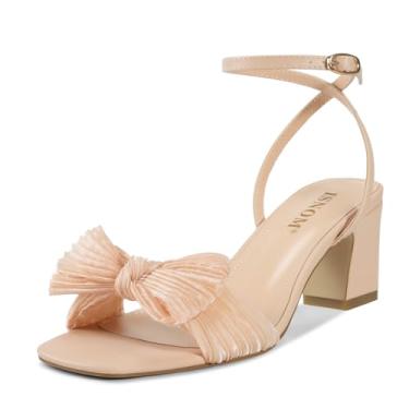 Imagem de ISNOM Sandália feminina de salto com laço e fivela no tornozelo, bico aberto, salto grosso, festa de casamento, salto moderno, Nude claro, 37