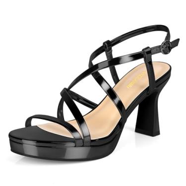 Imagem de PIZZ ANNU Sandálias femininas de salto plataforma de vela grosso, confortável, tiras com tiras e salto aberto com fivela e tira no tornozelo para festa de casamento, sapatos escarpim, Preto, 36
