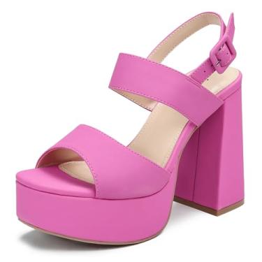 Imagem de risdoada Salto plataforma feminino 11 cm, salto alto grosso, tira no tornozelo, bico quadrado, sandálias de salto alto para festa de casamento, Vermelho rosa, 38