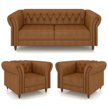 Imagem de Conjunto Sala de Estar 1 Sofá Living 200cm e 2 Poltronas Stanford Chesterfield Pés Madeira Couro Mel Manchado G58 - Gran Belo