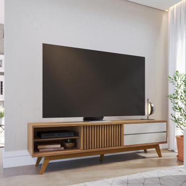 Imagem de Bancada TV Sala de Estar Genebra portas ripadas duas gavetas pés em madeira Freijó/Off White G73 - Gran Belo