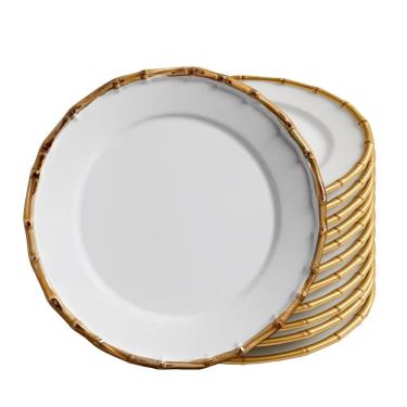 Imagem de Jogo 2 Prato Sobremesa De Cerâmica Branco Borda De Bambu Grossa 20cm Flat Scalla