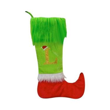 Imagem de Meia De Natal De Pelúcia Com Glitter E Letra D, Tema Grinch E Elfo, Pa