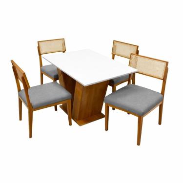 Imagem de Mesa de Jantar Classic 120x80cm com Vidro e 4 Cadeiras Grecia em Linho Madeira Cel Móveis Cor Cinamomo Off White com Tecido Cinza