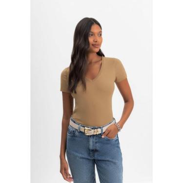 Imagem de Blusa Gola V Feminina Em Malha Essendi Camel-Feminino