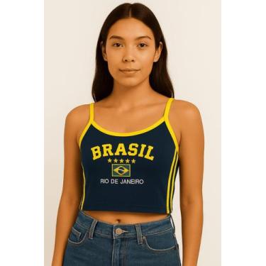 Imagem de Camisa Do Brasil Bordada Regata Tecido Suplex Alça Fina Feminina - Toj