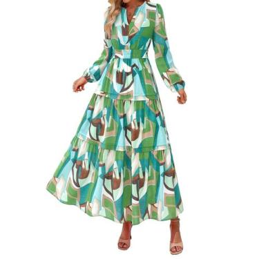 Imagem de Vestido PRETTYGARDEN 2025 Boho Floral Manga Longa Maxi Verde G