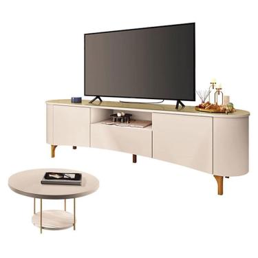 Imagem de Rack Bancada Elara Off White Champanhe com Mesa de Centro Sky Off White - HB Móveis