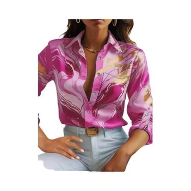 Imagem de Camisa feminina estampada com decote em V e botão de manga comprida so