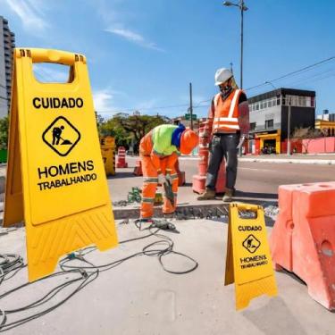 Imagem de Cavalete Piso Molhado Amarelo Placa de Sinalização Dobrável Alta Visib