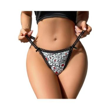 Imagem de Lingerie Sexy Feminina Com Estampa E Laço Decorativo, Tanga Elegante G