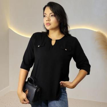 Imagem de Blusa Camisa Feminina Social Botões Manga 3/4 Formal Eloísa, Preto, EX
