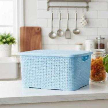 Imagem de Caixa Organizadora 7 Litros Rattan Azul Com Tampa Organizador de Armár