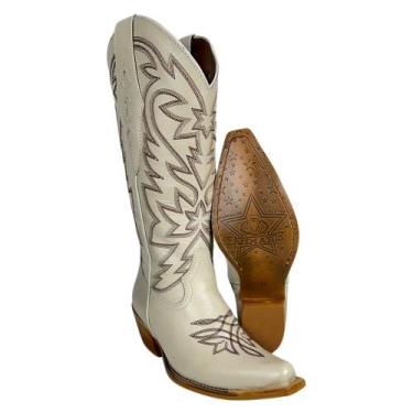 Imagem de Bota Texana Feminina Vimar Bico Fino Couro Marfim Com Bordado Sola Luc