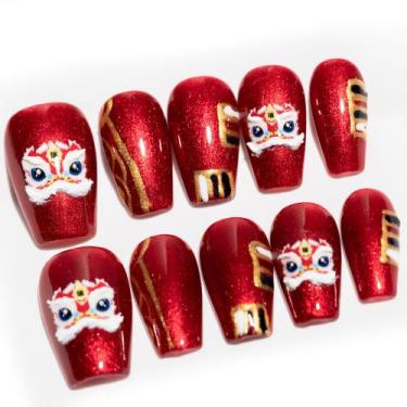 Imagem de Unhas Postiças Curtas Coffin Artesanais Sun&Beam Vermelho com Glitter 
