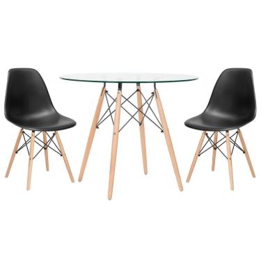 Imagem de Mesa Redonda Eames Com Tampo De Vidro 90 Cm + 2 Cadeiras Eiffel Dsw Preto