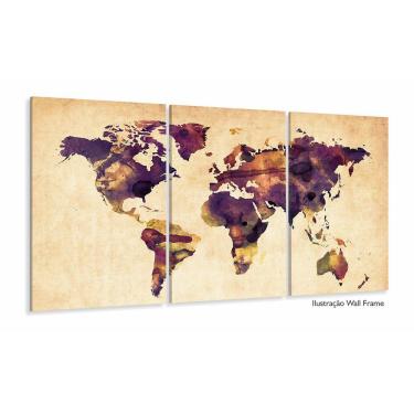 Imagem de Quadro Mapa Mundi Colorido Vintage Em Tecido 3 Peças 125x60