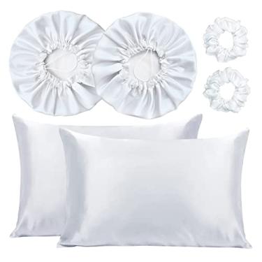 Imagem de Kit 2 Fronha De Cetim Seda + 2 Toucas + 2 Xuxinhas (Branco)