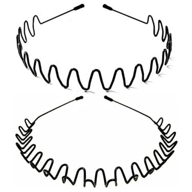 Imagem de bodbop XINGZHE 2 peças faixas de cabelo de metal para homens faixas de cabelo masculinas moda feminina faixa de cabelo esportiva elegante argola de cabeça com dentes ondulados antiderrapantes, preto (ondulado largo + gancho ondulado)
