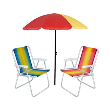 Imagem de Kit 2 Cadeira de Praia Alta Alumínio + Guarda Sol 1,80 Metros Aço - Mor - Vermelho Sort