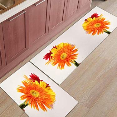 Imagem de Tapete de corredor de cozinha, flor Gerbera florescendo laranja amarelo vermelho antiderrapante tapete de porta tapete tapete para lavanderia quarto banheiro conjunto de 2