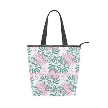 Imagem de Bolsa feminina durável de lona verde elementos rosa grande capacidade sacola de compras bolsa de ombro