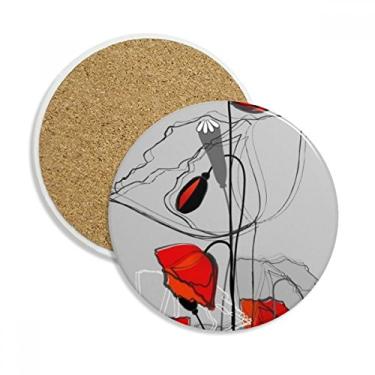 Imagem de Arte abstrata de flores vermelhas com pintura de linha de porta-copos de milho caneca de proteção de mesa pedra absorvente