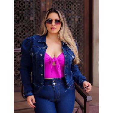 Imagem de Jaqueta Jeans Feminina Plus Size com Elastano Manga Bufante Botões Encapados-Feminino