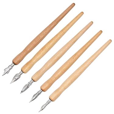 Imagem de XIAOYU Conjunto de canetas de mergulho de desenho animado, 5 peças de suportes de caneta cômica com 5 peças, kit de pontas de caneta cômica de madeira para escrita, pintura, assinatura, madeira