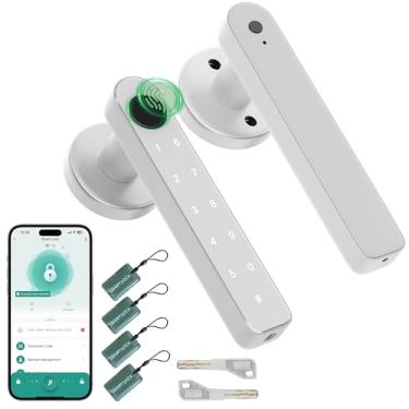 Imagem de Maçaneta de porta com impressão digital, fechadura de porta de impressão digital com teclados, cartão, Bluetooth, chave, fechadura inteligente biométrica para casa, quarto, apartamento