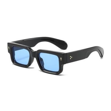 Imagem de VFDHN Óculos de sol de armação grossa para mulheres, retangular, com rebites, masculino, UV400 (preto e azul)