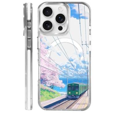 Imagem de MQJCYB Capa magnética para iPhone 16 Pro com design em base transparente, compatível com MagSafe, capa protetora fina de TPU macio para celular feminina e meninas para iPhone 16 Pro-Kawaii anime trem