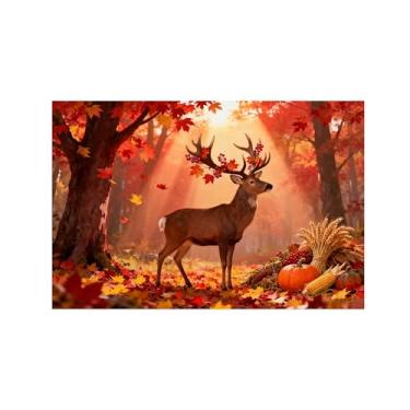 Imagem de Quadro arte parede outono-Veado colhendo árvore Impressões em tela paisagens-Pintura animais para sala estar decoração fazenda 20x30cm Sem Moldura