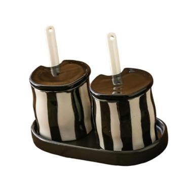 Imagem de Ｂｅｓｇａ Pote de condimentos de porcelana com tampas e colheres, dispensador de açúcar, caixa de temperos moderna selada, potes de condimentos para balcão de, Preto