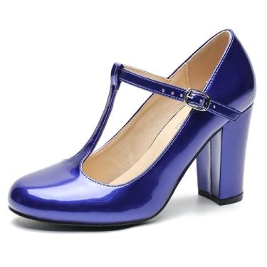 Imagem de Sapato feminino Mary Jane com tira em T, salto alto, salto grosso, vestido de casamento, Azul royal patenteado, 40