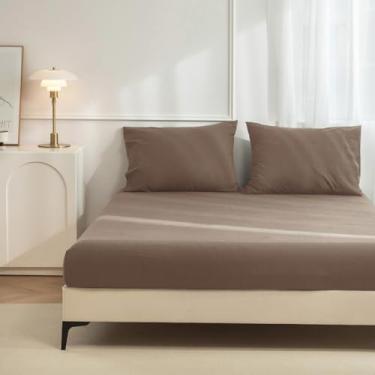 Imagem de JIYUAN Jogo de lençol Queen 100% algodão lavado, confortável, macio e respirável, lençol com elástico profundo (serve em colchões de até 43 cm) + 2 capas, marrom claro
