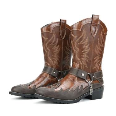 Imagem de WEOOAR Botas de cowboy masculinas ocidentais com corrente de metal moderna, Marrom, 45