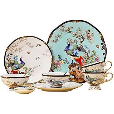 Imagem de Conjunto De Talheres Bone China Com 11 Peças, Pinturas De Flores E Pássaros, Conjunto De Jantar Azul Phnom Penh, Prato De Banquete Com Pratos De Sobremesa, Pratos De Jantar, Xícara De Café,Collect