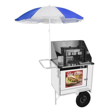 Imagem de Carrinho de Hot Dog Cefaz Simples Branco Rodas Pneumáticas e Guarda Sol BS08P/GS