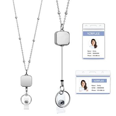 Imagem de Cordões retráteis de carretel de crachá com suportes de identificação [2023 novo], Vzrflee Lanyards para crachás de identificação Nova corrente com contas colar de cordão de aço inoxidável premium para chaves de escritório cruzeiro para mulheres (prata)