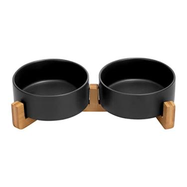 Imagem de Conjunto de tigelas de cerâmica para cães e gatos com suporte de madeira, moderno e fofo conjunto de água para alimentos pequenos (400 ml) e cães de tamanho médio (820 ml) e gatos (1,7 xícaras, 2 × pretos)