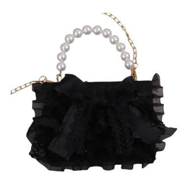 Imagem de Bolsa feminina Lolita feminina de renda preta com laço e pérola e alças transversais, Preto