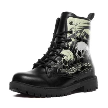 Imagem de coolcustomize Botas de combate masculinas femininas modernas com cadarço crânio rosa tornozelo salto grosso plataforma botas de trabalho de couro, Preto 3, 13 Women/11.5 Men